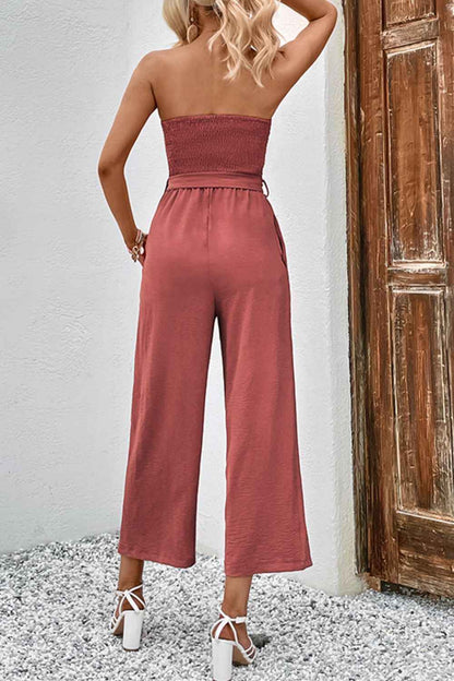 Perfee Decorative Button : Strapless Smocked Jumpsuit with Pockets