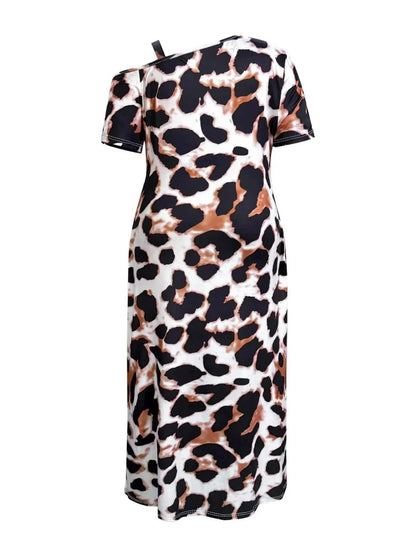 Plus Size Leopard Print Short Sleeve Maxi Dress with Side Slit
