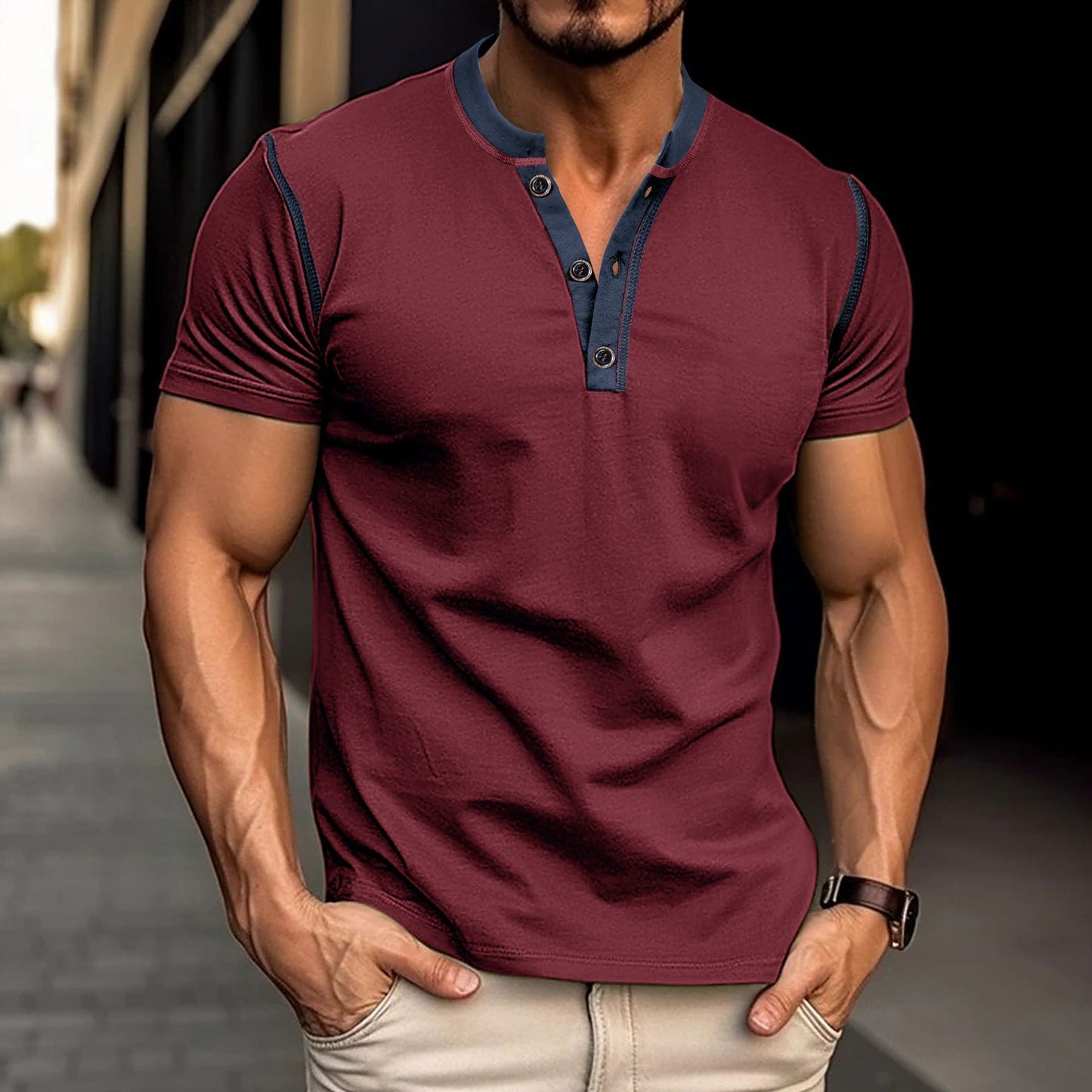 Polo de manga corta de moda, camiseta de verano con botones y cuello en V, ropa para hombre