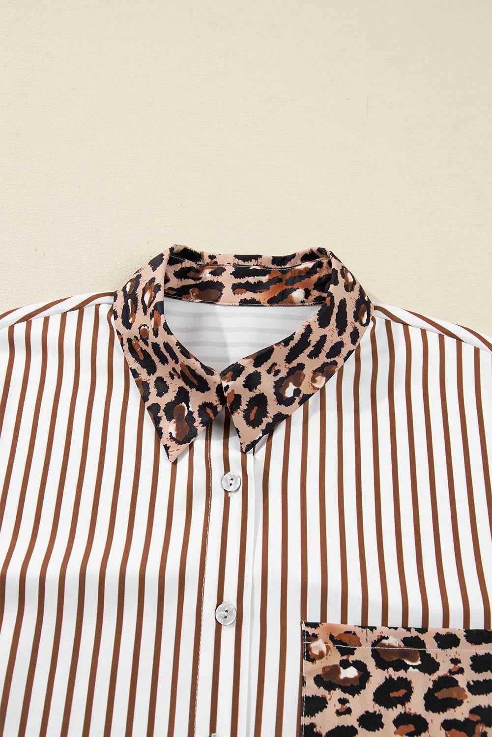 Brown Stripe Contrast Leopard Patchwork Long Shirt Dress with Slits