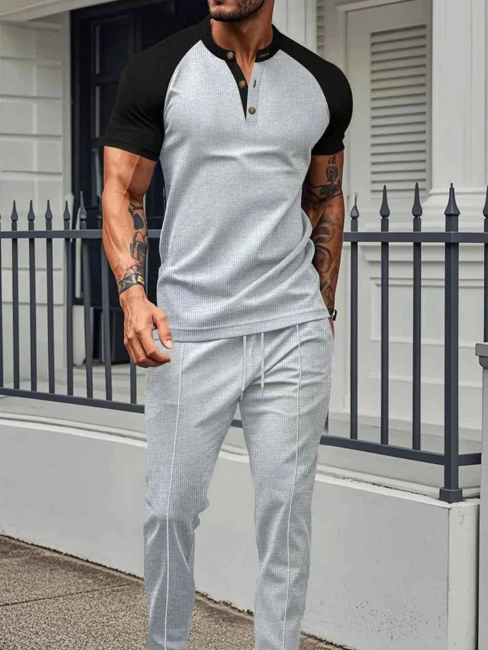 Men's Waffle-Knit Top & Drawstring Pants Set, Comfortable Men's Half Sleeve Tee