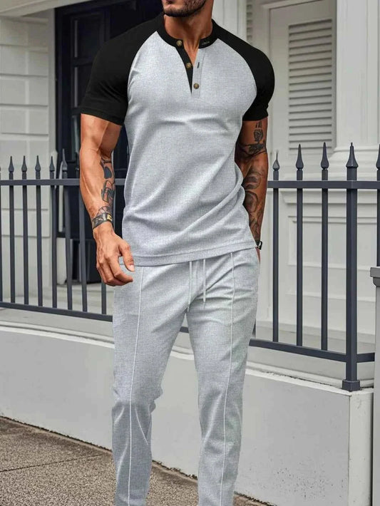 Men's Waffle-Knit Top & Drawstring Pants Set, Comfortable Men's Half Sleeve Tee