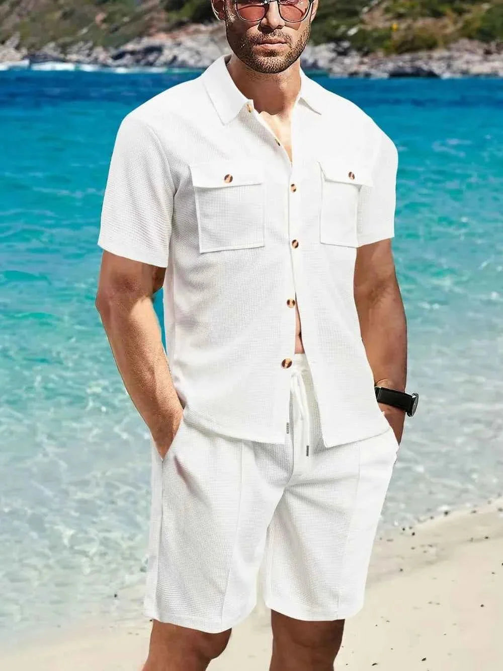 Men's Full Size Button Down Short Sleeve Top and Shorts Set Plus Size