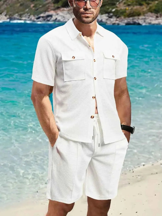 Men's Full Size Button Down Short Sleeve Top and Shorts Set Plus Size