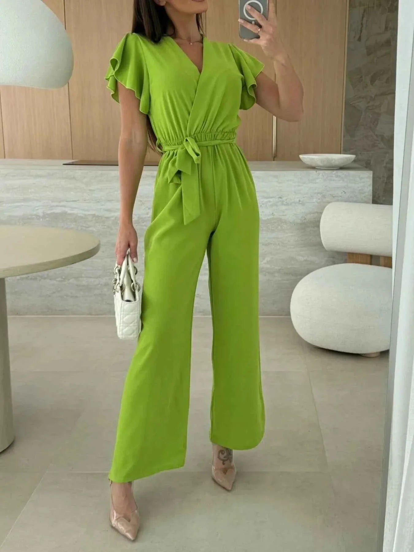 Surplice Wide Leg Belted Jumpsuit