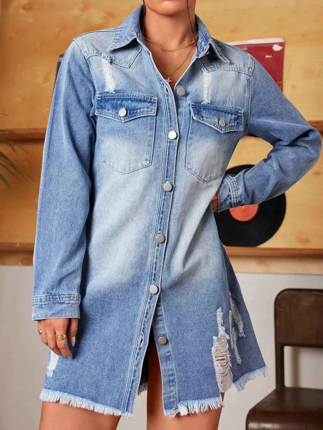 Distressed Raw Hem Denim Mini Dress