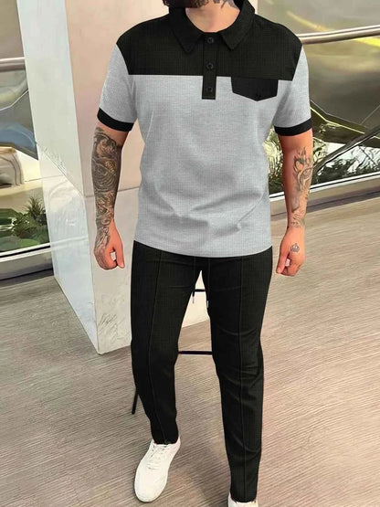 Men‘s Full Size Waffle-Knit Contrast Top and Pants Set Plus Size
