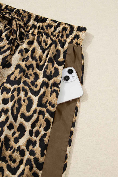 Brown Leopard Collared 3/4 Sleeve Shirt and Loose Pants Two Piece Outfit Set