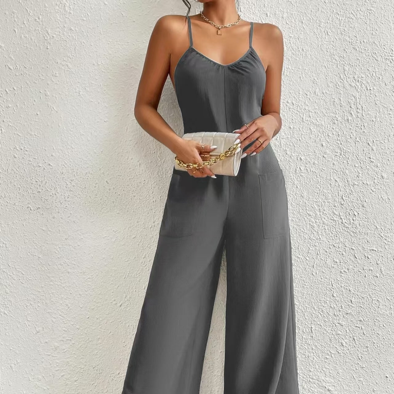 Women’s Pleated Chest Cross-Strap Jumpsuit