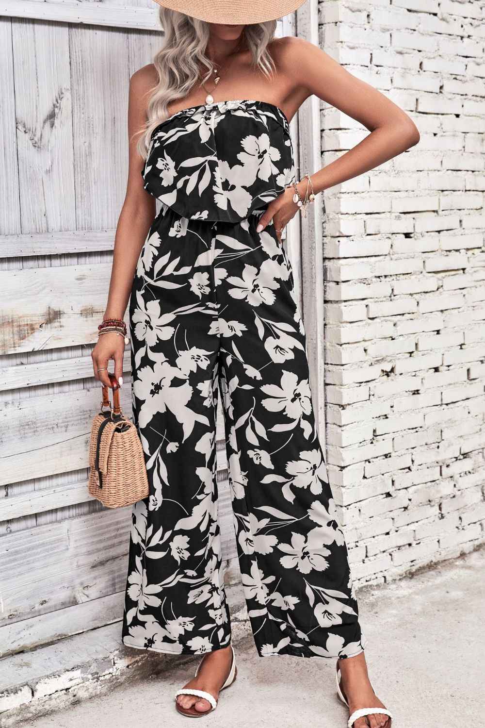 Stylish Floral Strapless : Wide Leg Jumpsuit
