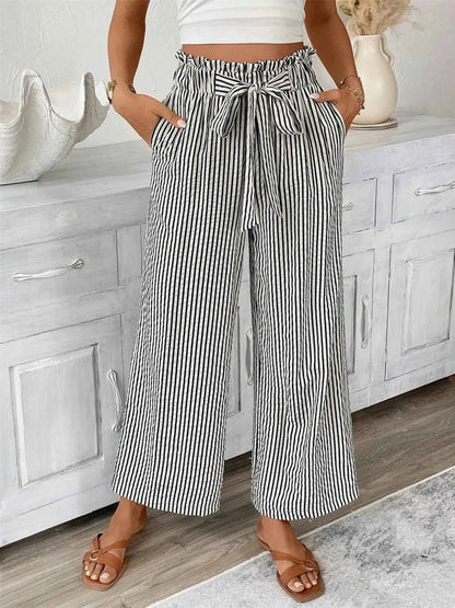 Full Size Striped Wide Leg Paper Bag Pants Plus Size