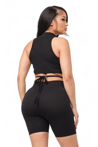 Seamless Front Waist Back Tie Top and Shorts Set