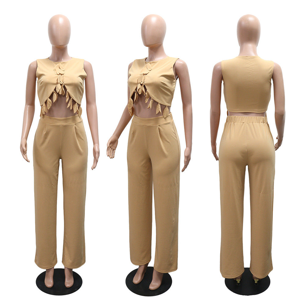 圓領休閒無袖性感上衣搭配修身長褲兩件式女裝