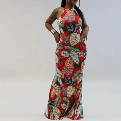 女士印花無袖圓領連身裙，後背有細節設計