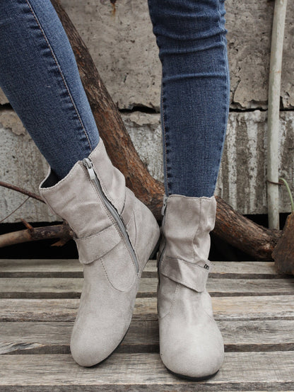 踝靴 圓頭 扣環 皮帶 側邊拉鍊靴