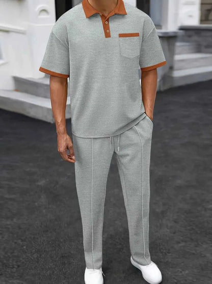 Men's Full Size Waffle-Knit Contrast Polo and Pants Set Plus Size