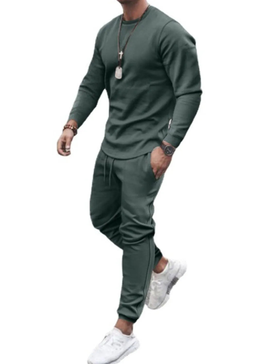 Men's Full Size Round Neck Long Sleeve Top and Pants Set Plus Size