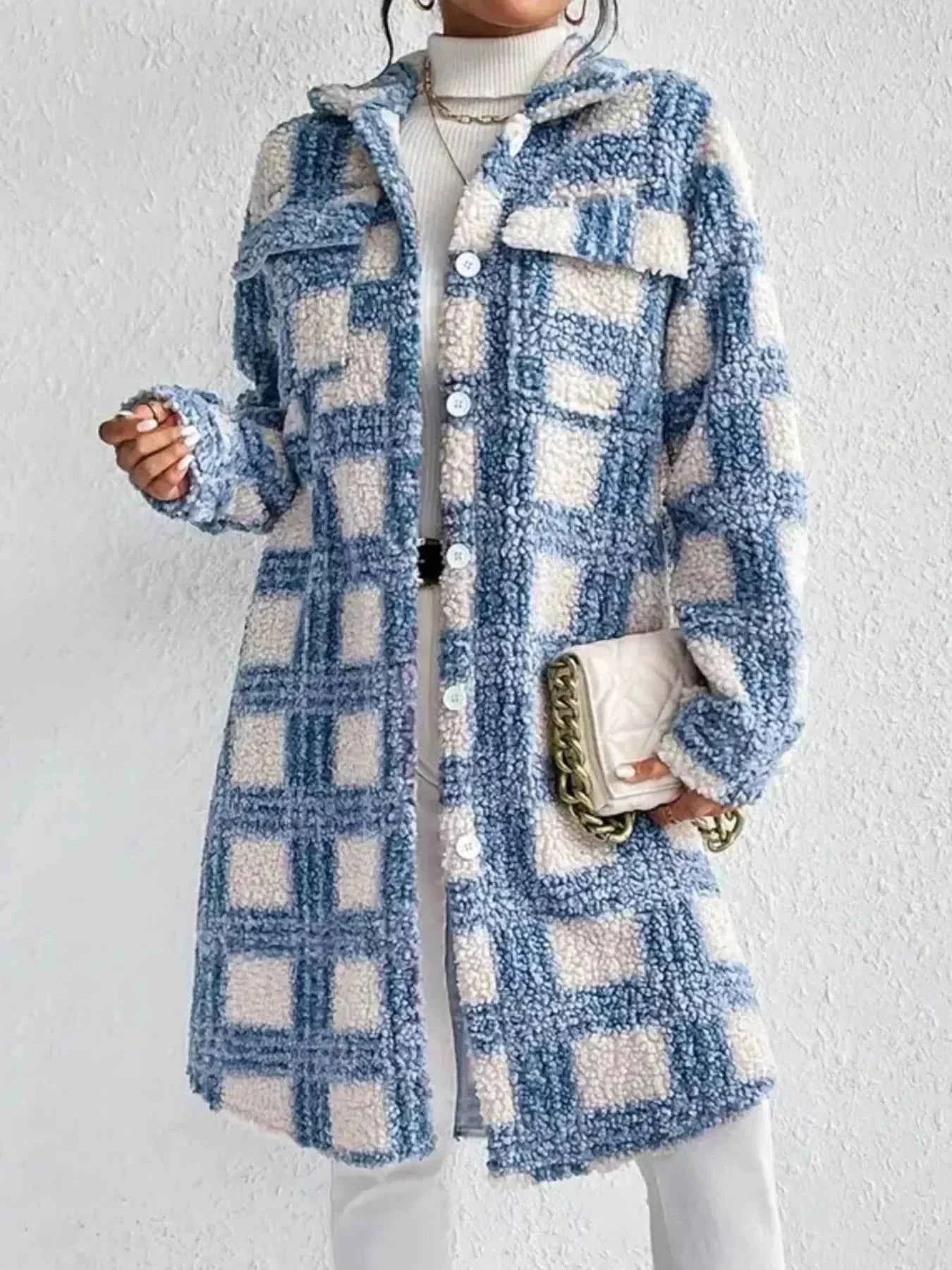 Plaid Button Up Long Sleeve Fleece Coat