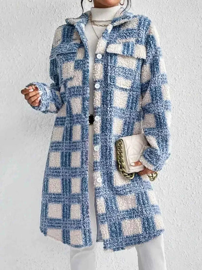 Plaid Button Up Long Sleeve Fleece Coat