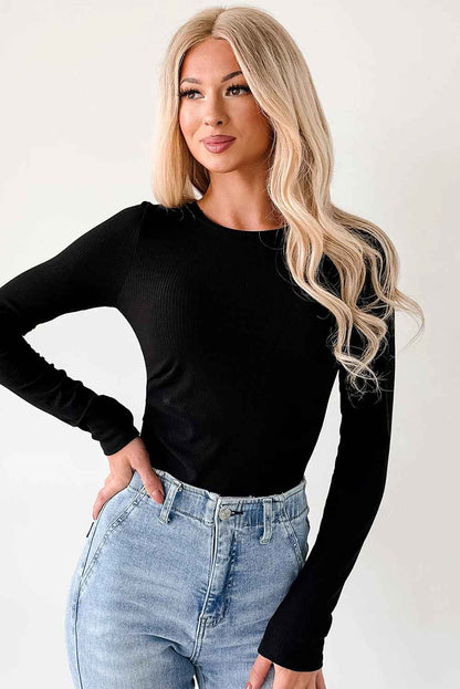 Dearlovers Black Ribbed Long Sleeve Crew Neck Solid Color Bodysuit