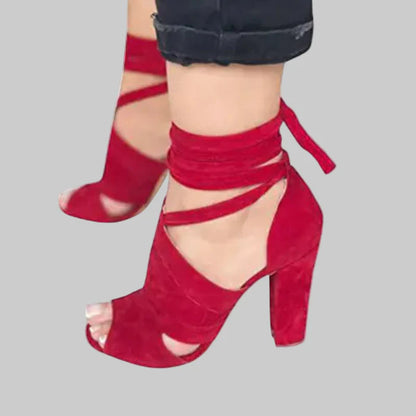 Suede Peep-Toe Sandals with High Chunky Heels