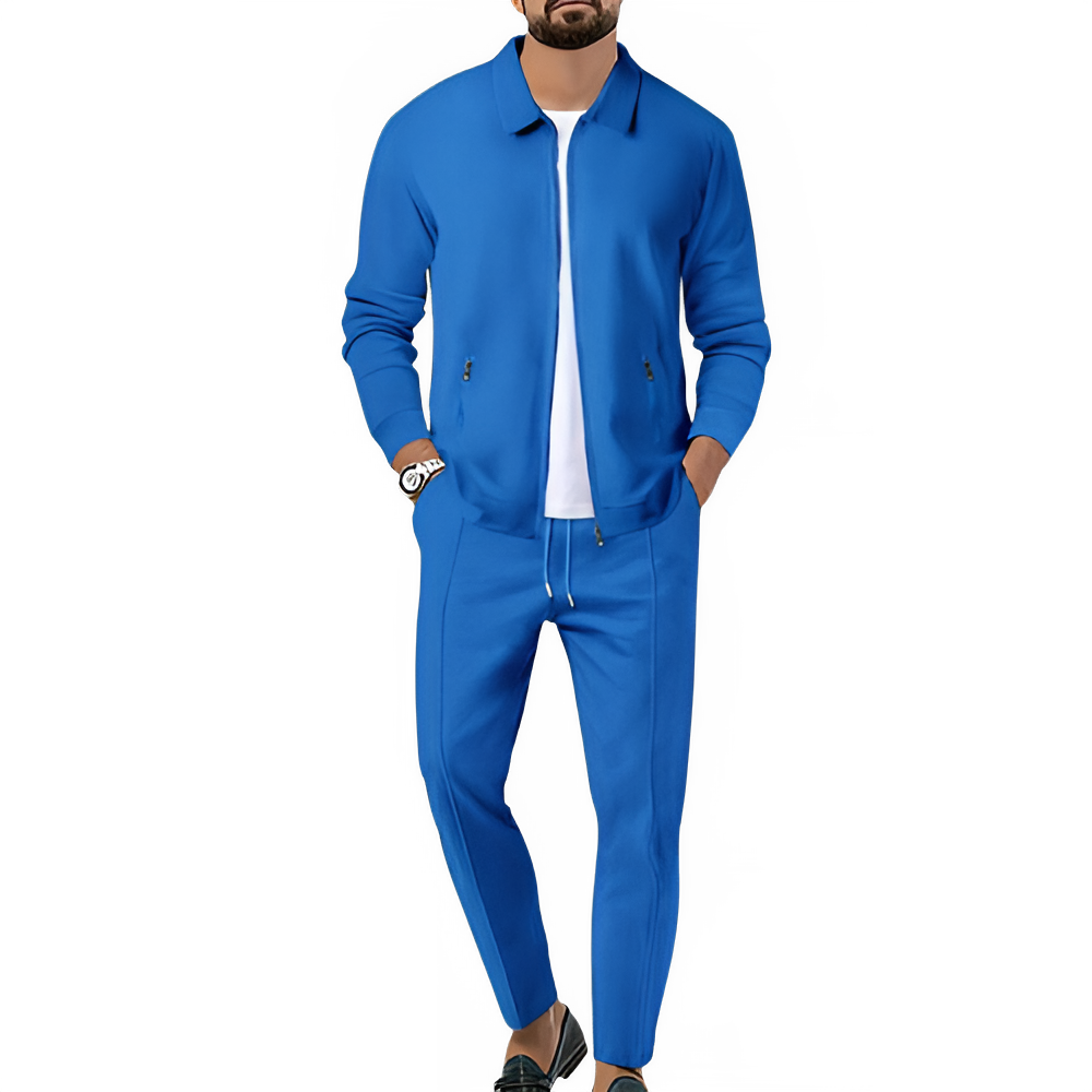 Men's Slim Fit Jacket with Zipper Pocket, Long Sleeved Sportswear, Cardigan Jacket Set, Long Pants, Elegant, two-Piece Set