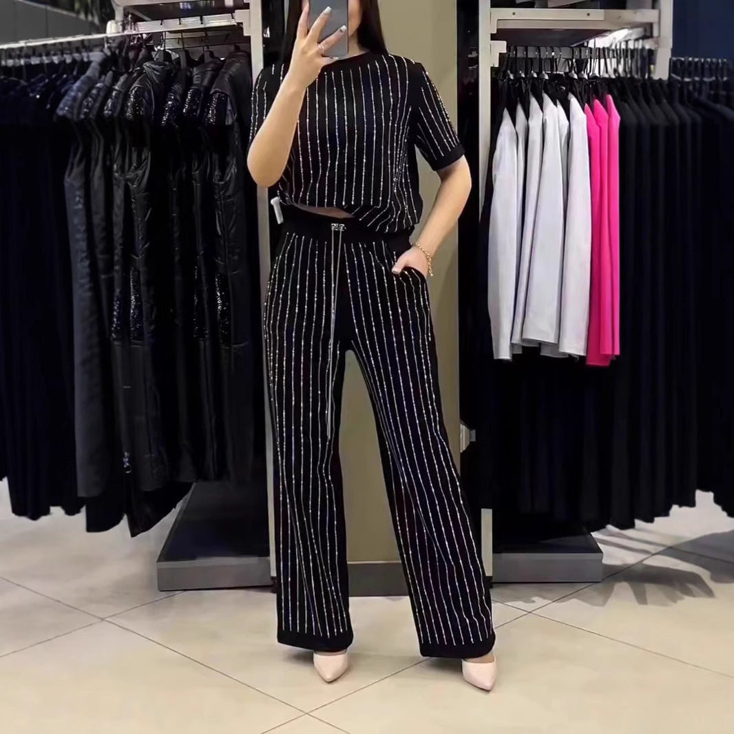 豎條紋水鑽上衣兩件套