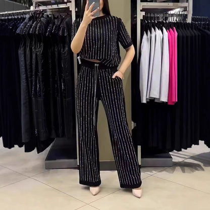 豎條紋水鑽上衣兩件套