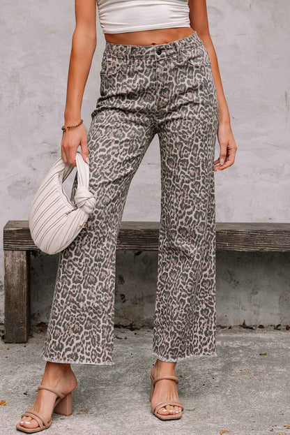 Brown Leopard Frayed Edge Wide Leg High Waist Jeans