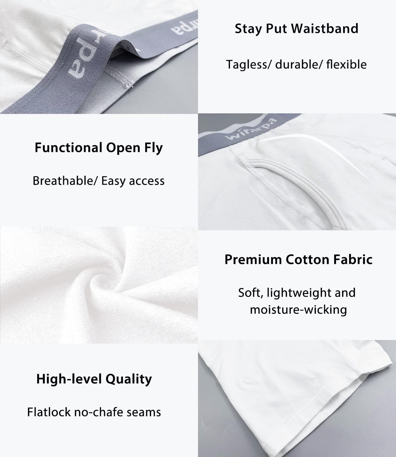 wirarpa 男士平角內褲 純棉彈性內褲 開襠無標籤常規褲長 4 條裝