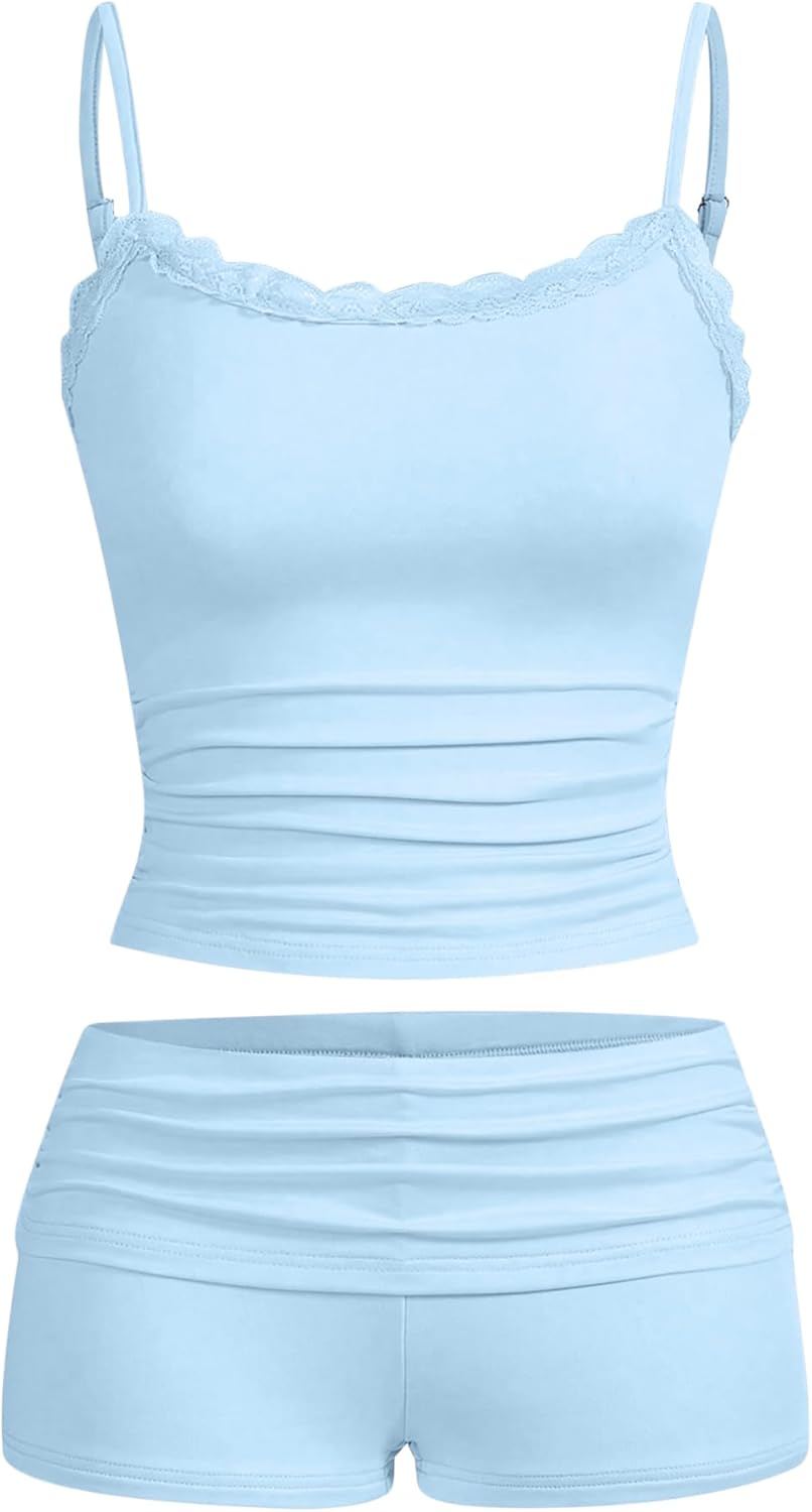 Hilinker 女士性感睡衣套裝，褶皺蕾絲吊帶背心和短褲，夏季可愛睡衣兩件套
