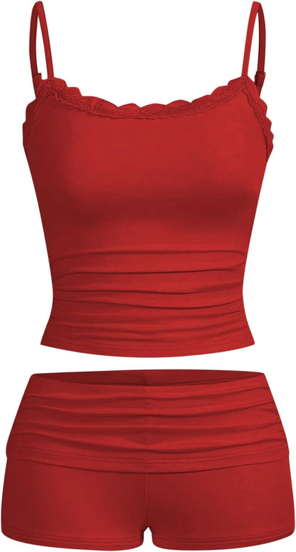 Hilinker 女士性感睡衣套裝，褶皺蕾絲吊帶背心和短褲，夏季可愛睡衣兩件套