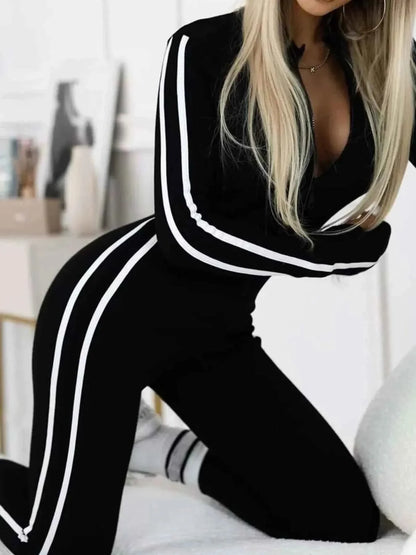 Full Size Stripe Zip-Front : Long Sleeve Jumpsuit Plus Size