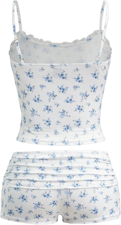 Hilinker 女士性感睡衣套裝，褶皺蕾絲吊帶背心和短褲，夏季可愛睡衣兩件套