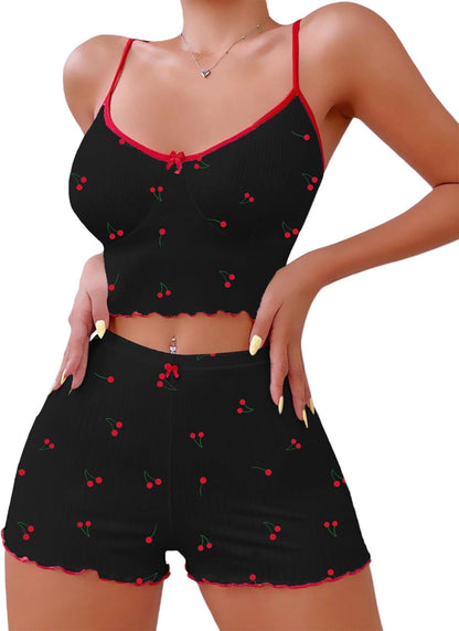 Hilinker 女士印花羅紋睡衣套裝，露臍吊帶背心和短褲，可愛睡衣套裝