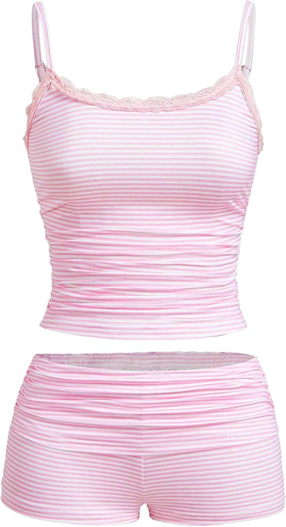 Hilinker 女士性感睡衣套裝，褶皺蕾絲吊帶背心和短褲，夏季可愛睡衣兩件套