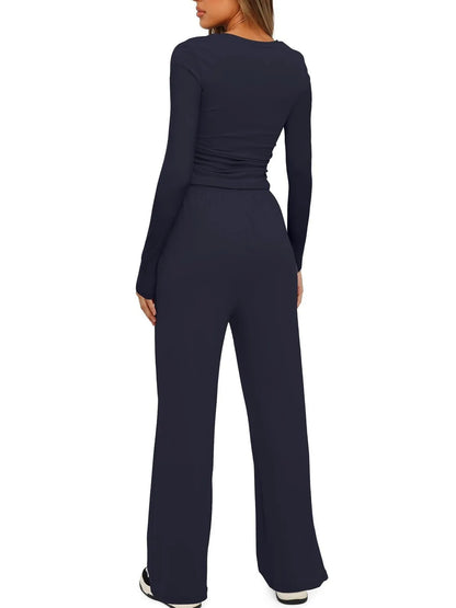 Round Neck Long Sleeve Top and Pants Set