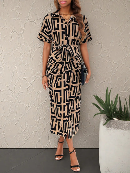 Geometric Print Belted Midi Dress
