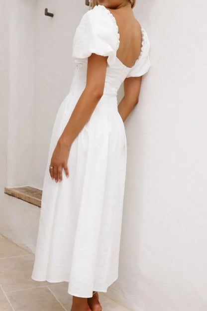 甜美寧靜泡泡袖中長連身裙