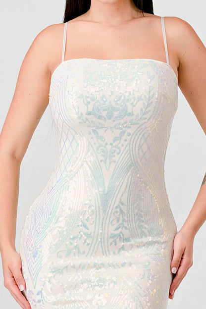 迷人圖案亮片裝飾後開衩中長連身裙