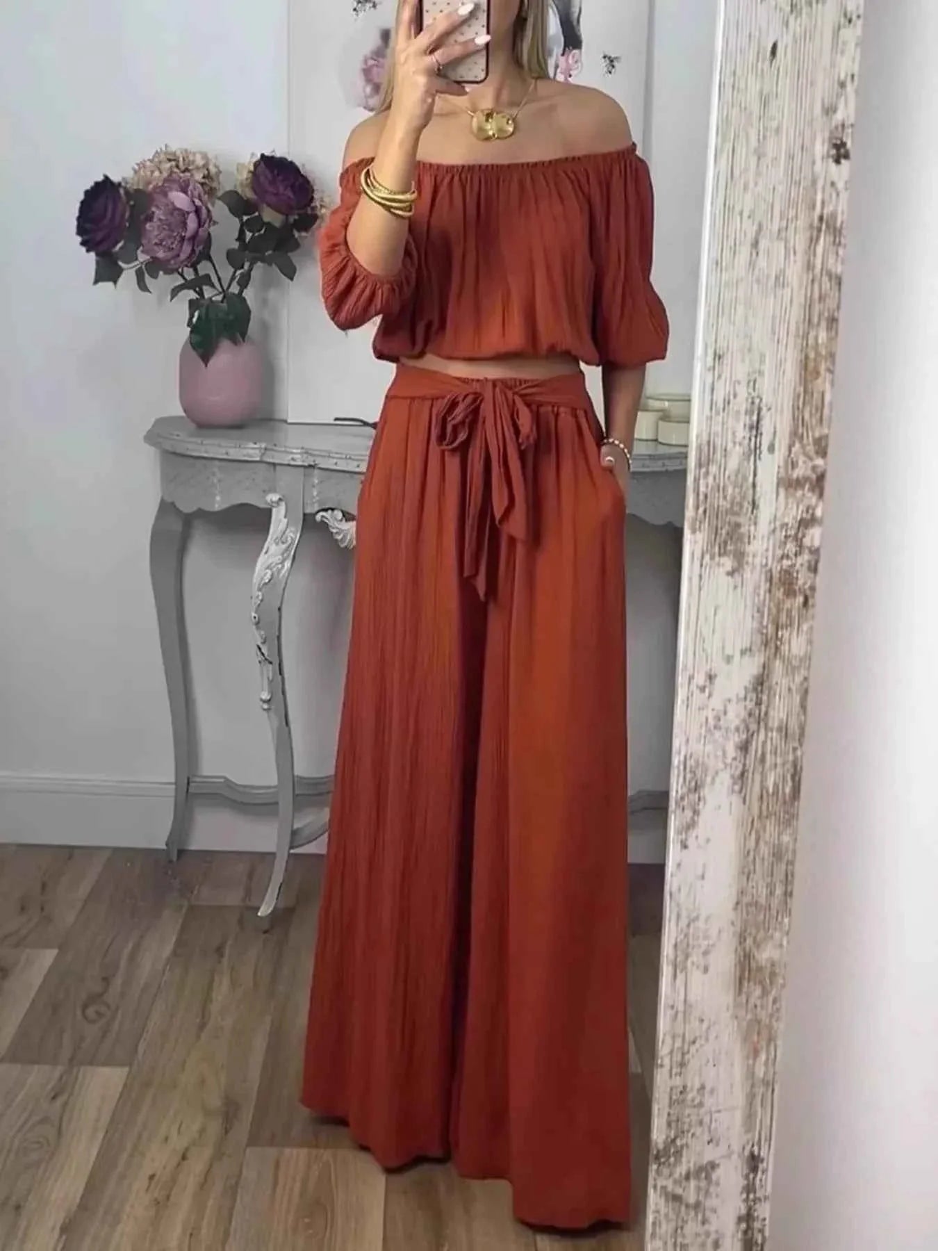 Full Size Off-Shoulder Top and Pants Set Plus Size