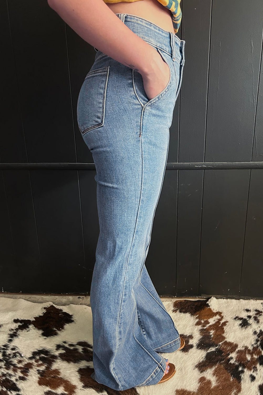 Dusk Blue 2 Button High Waist Piping Trim Bootcut Jeans