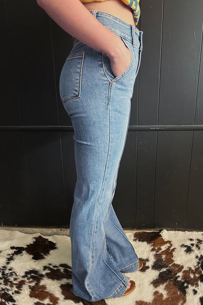 Dusk Blue 2 Button High Waist Piping Trim Bootcut Jeans