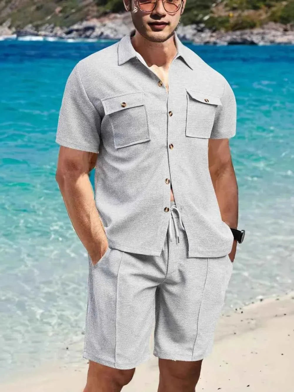 Men's Full Size Button Down Short Sleeve Top and Shorts Set Plus Size