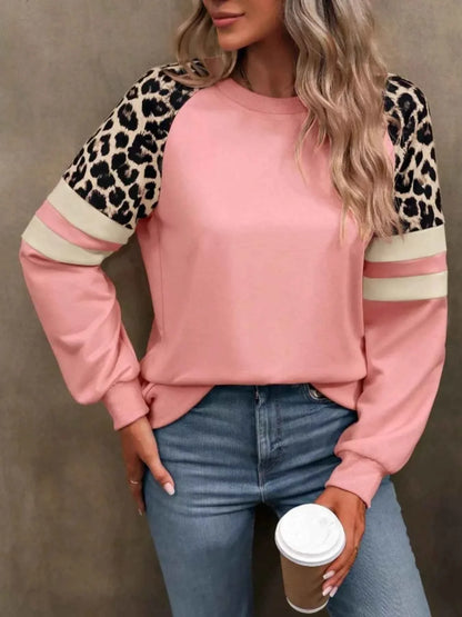 Leopard Round Neck Raglan Sleeve Sweatshirt