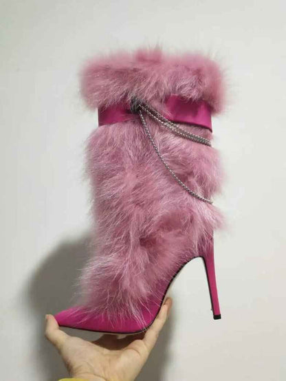 Pink Feather Pointed Toe Stiletto : Chain High Boots