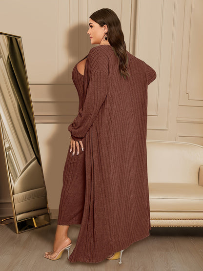 女士加大尺碼羅紋開襟衫連身裙套裝