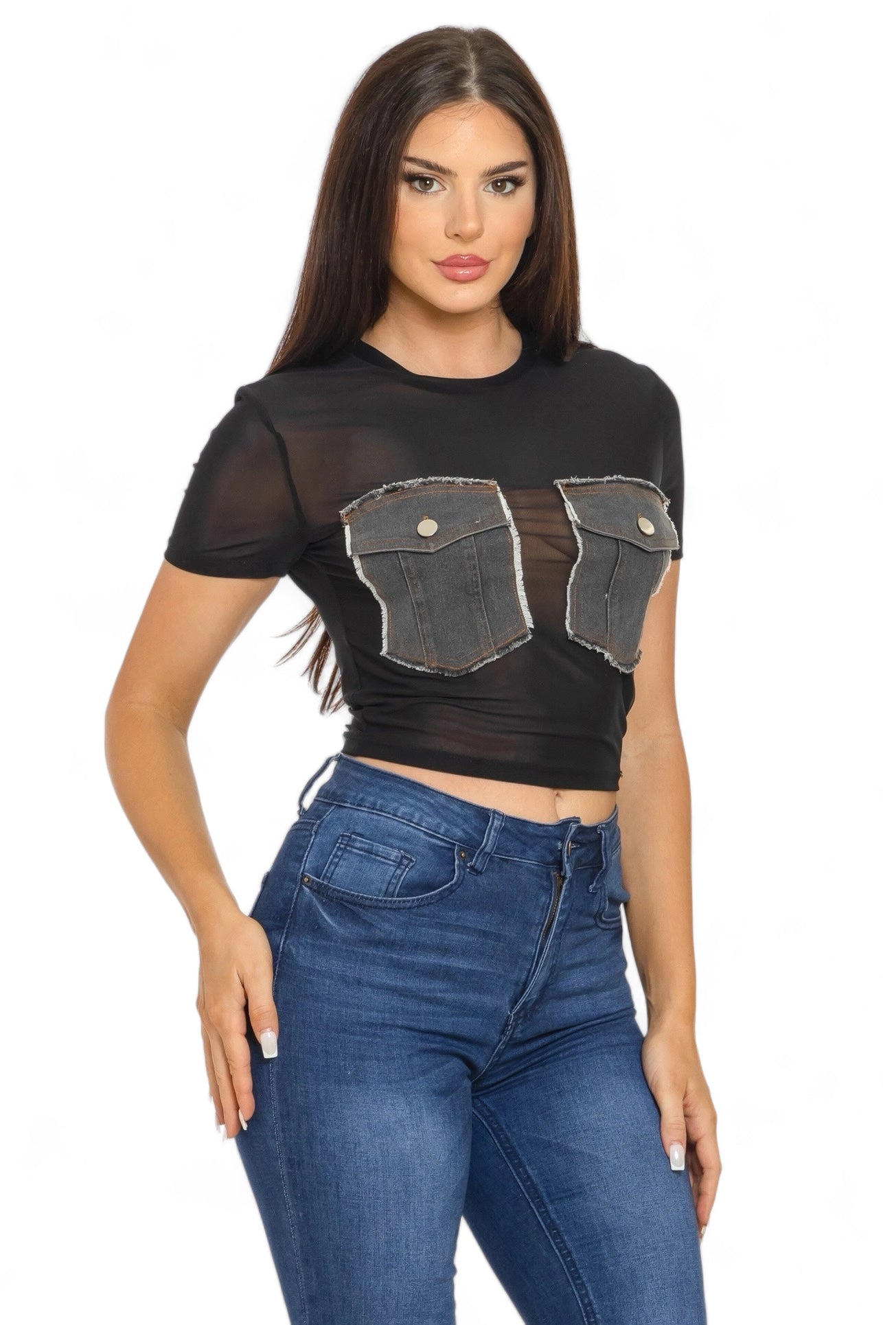 Mesh Front Denim Distressed Button Pockets Top {See Thru}