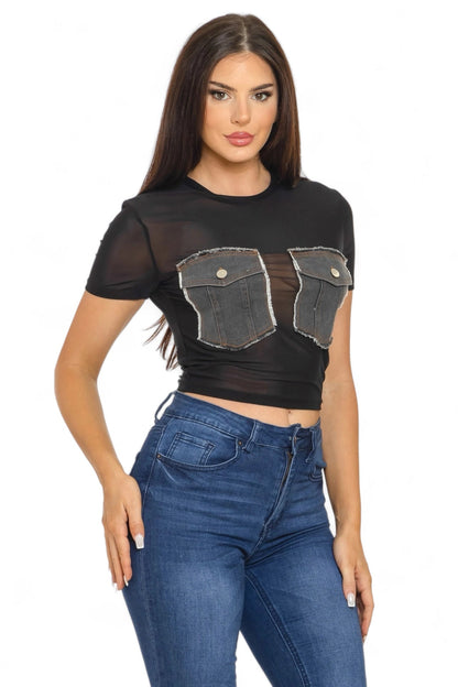 Mesh Front Denim Distressed Button Pockets Top {See Thru}