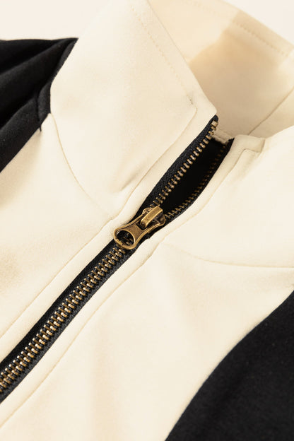 Black Two-tone Long Sleeve Zipped Front Casual Romper